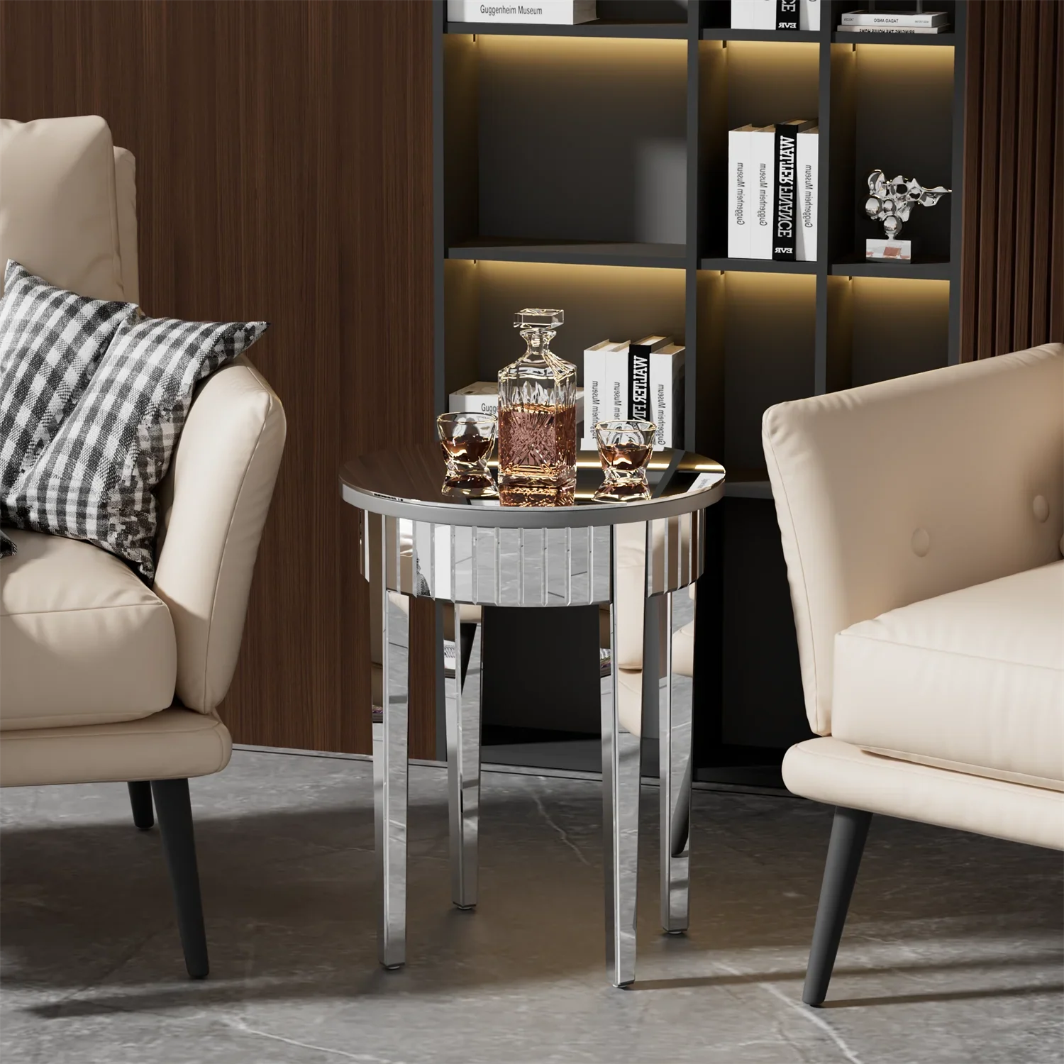 Mirrored Side End Table with Geometric Legs, Modern Furniture for Hallway, Living Room and Bedroom