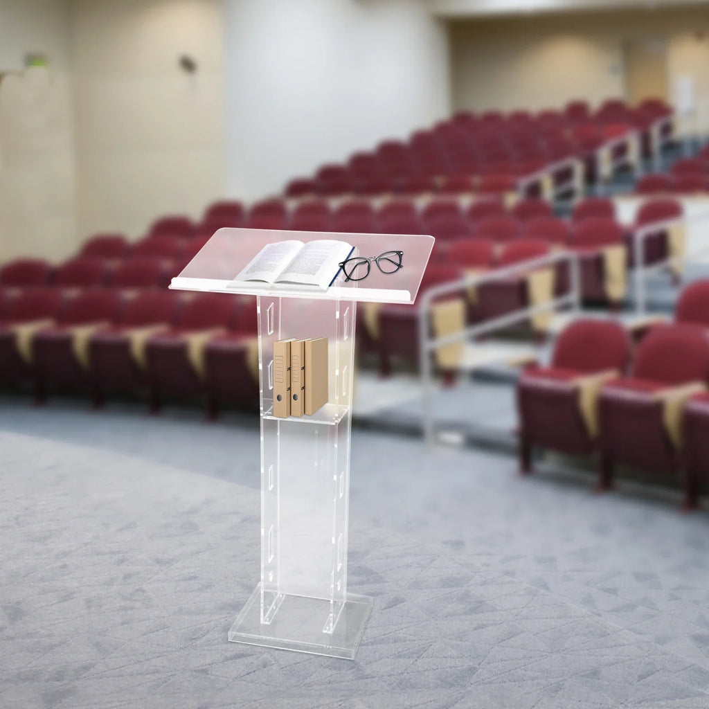 Acrylic Podium Floor Standing Clear Lecterns W/ Storage Shelf School Stand Desk Church Pulpit Office Lecture Table 43in H
