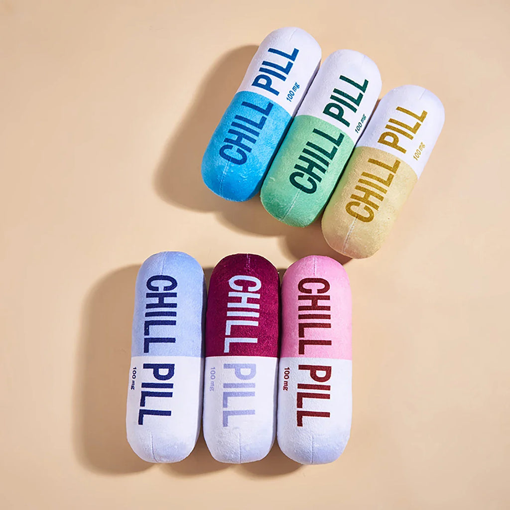 Interactive Plush “Chill Pill” Dog Toy with Squeaker – Soft Bite-Resistant Chew Toy for Pets