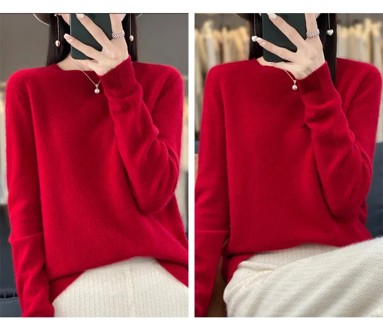 100% Merino Wool Women’s Sweater – Soft Cashmere-Feel O-Neck Pullover, Autumn/Winter Warm Knit Top (14 Colours)