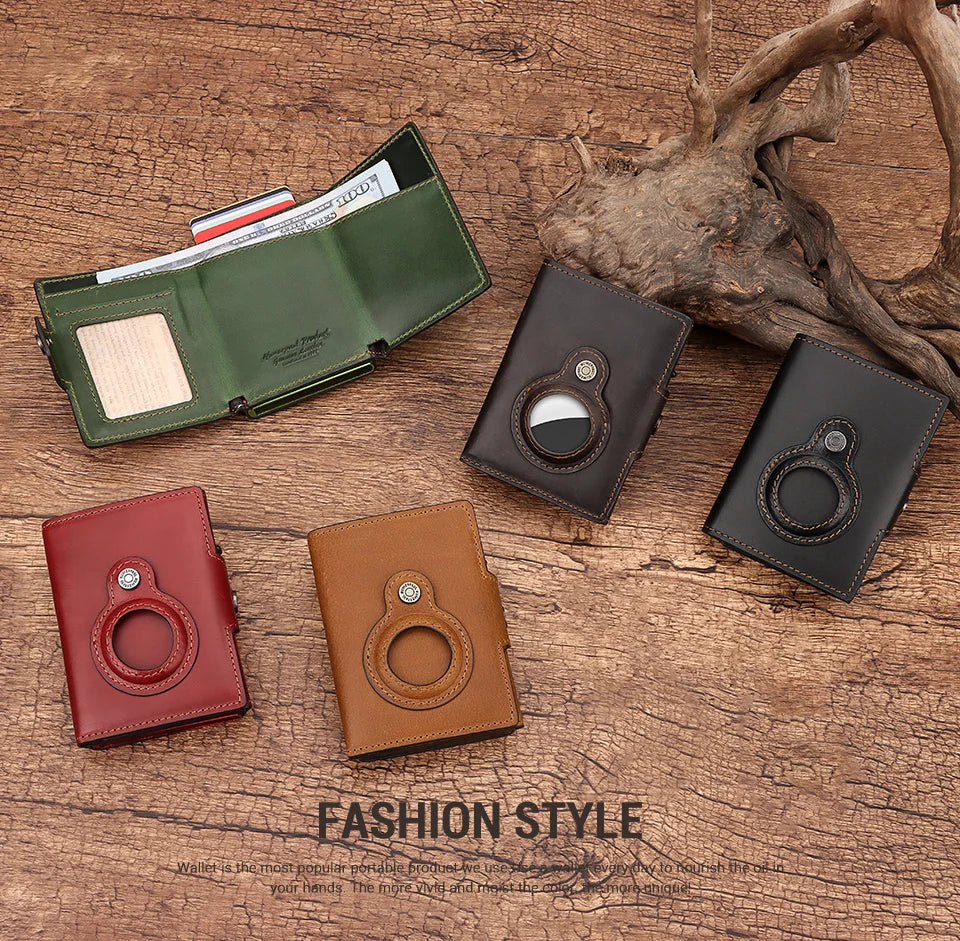 Anti-scan Magnet Credit Card Holder Wallet Genuine Leather Automatic Pop Out Aluminum Smart Wallets Luxury AirTag Purse Set
