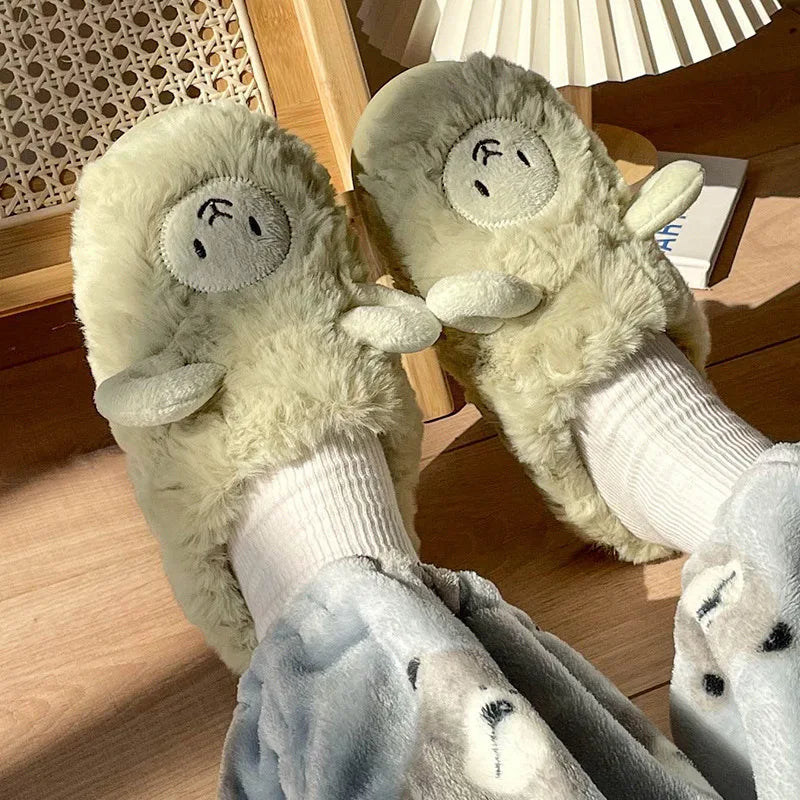 Women Home Fluffy Slippers Platform Anti Slip Comfortable Warm Shoes Cute Sheep Outdoor Couple Slippers Women Men Ladies Shoes
