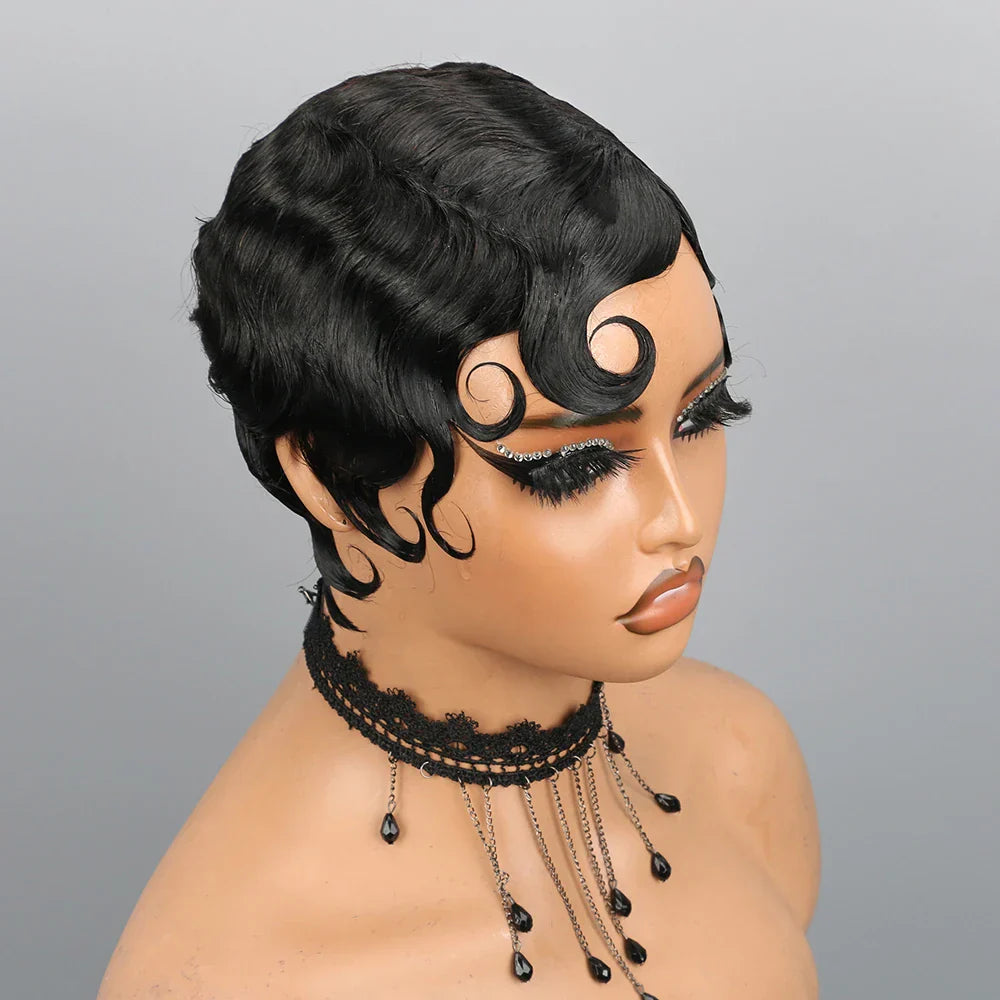 Finger Wave Pixie Human Hair Wigs For Women 180% Density