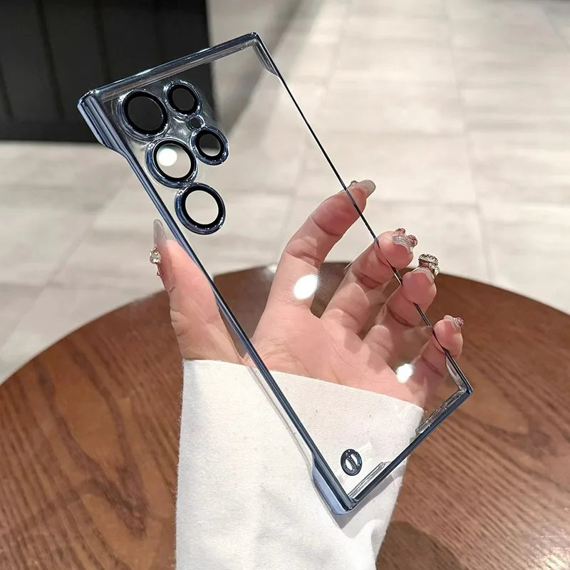 Luxury Plating Frameless Case For Samsung S25 S24 Ultra S23 S22 Ultra Transparent Camera Lens Film Protection Shockproof Cover