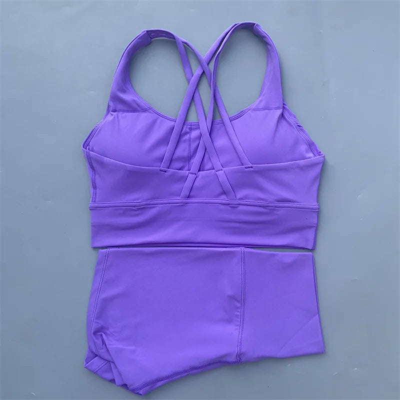 Solid Color gym bike Yoga Set short Legging +cross sport bra Tracksuit  Athletic Women Gym Suit Comprehensive Training Jogging