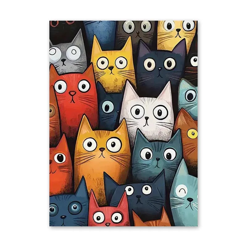 Nordic Cartoon Cat Canvas Art – Colorful Cat Wall Art for Bedroom, Living Room, or Office Decor