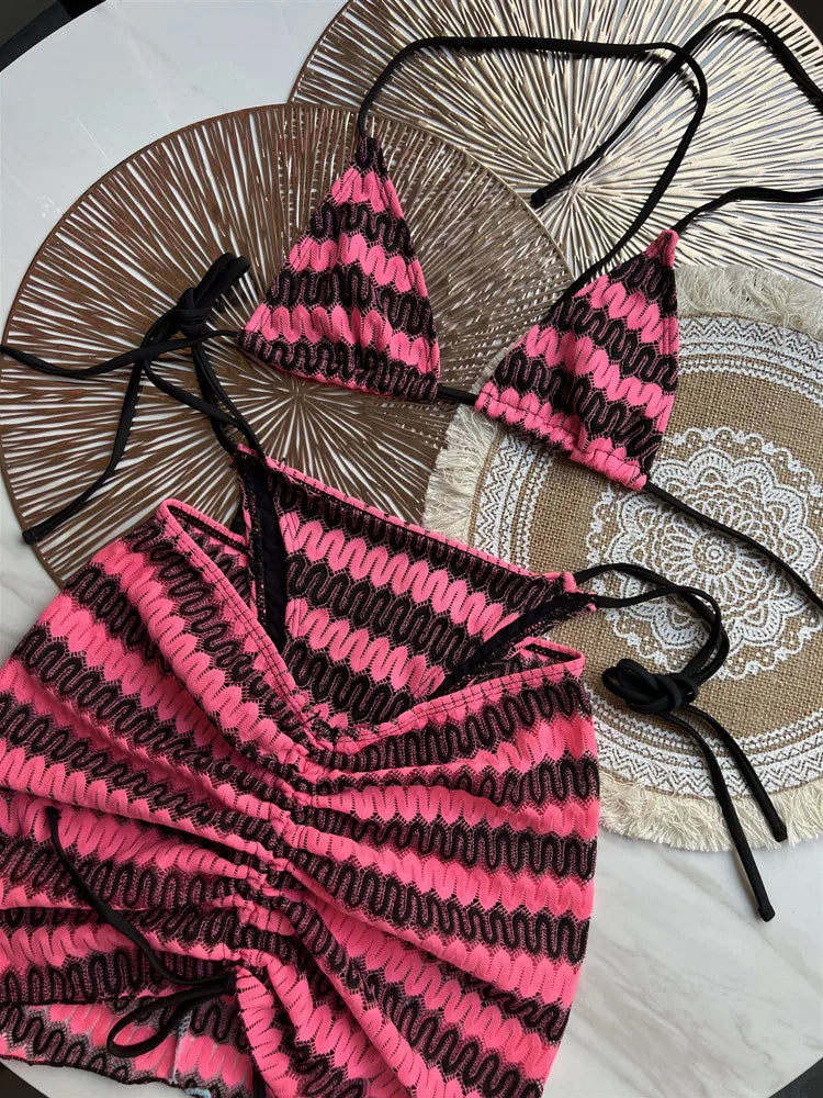 Women Swimsuit Colored Maple Leaves Knitted Bikini Skirt Three-Piece Set Split Swimsuit Bikini