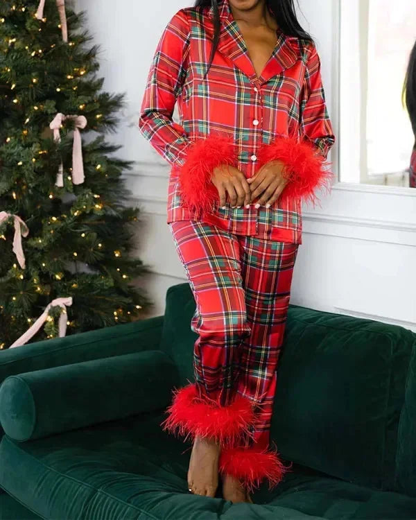 Women's Christmas Tree Plaid Satin Print Pajama Set