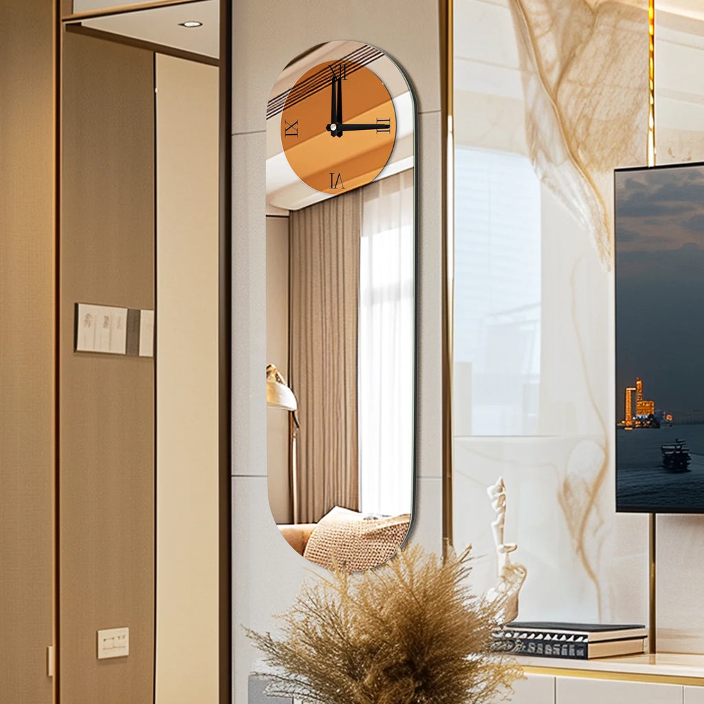 Long Oblong Brown Tinted Wall Clock with Silver Mirrored Modern Decorative Clock Roman Numerals for Living Room