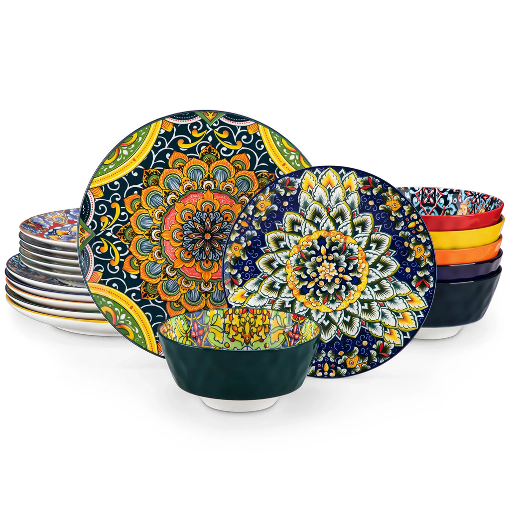 vancasso 12/16/18/24 Piece Ceramic Dinnerware Set Stoneware Bohemian Style with Dinner/Dessert Plate/Cereal/Pasta Bowl For 6