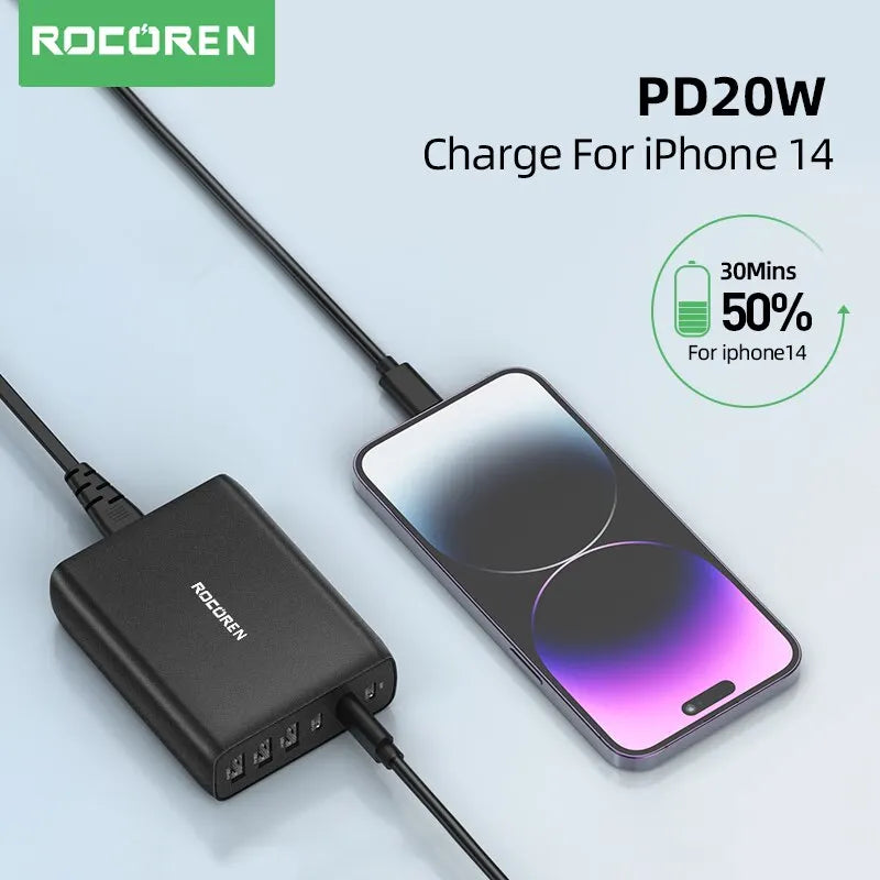 Rocoren 100W USB Charger Type C 6 Ports Desktop Charger Station