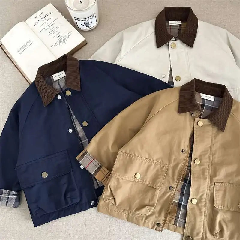 Boys Plaid Lined Jacket, Spring Autumn Cotton Coat