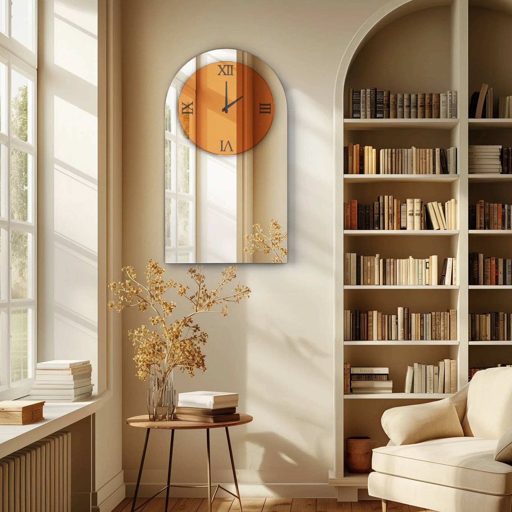 Modern Arched Mirrored Wall Clock Silver Glass Roman Numerals Decorative Clock for Living Room Bedroom