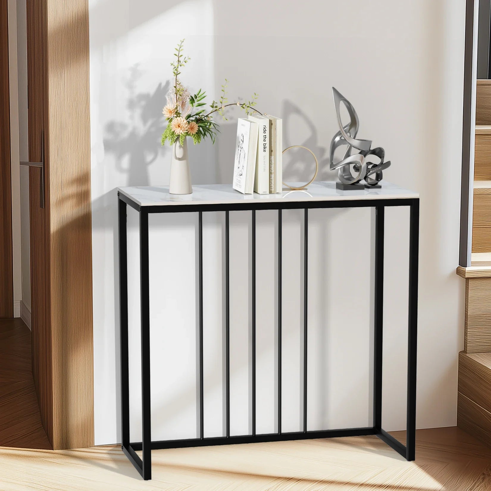 80CM Long Rectangle Marble Console Table for Living Room Entryway Accent Table Metal Frame