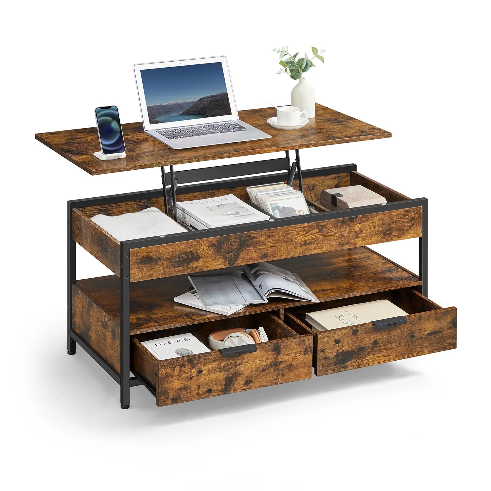 VASAGLE Lift Top Coffee Table, Living Room Table, with Storage Drawers, Hidden Compartments, and Open Shelf