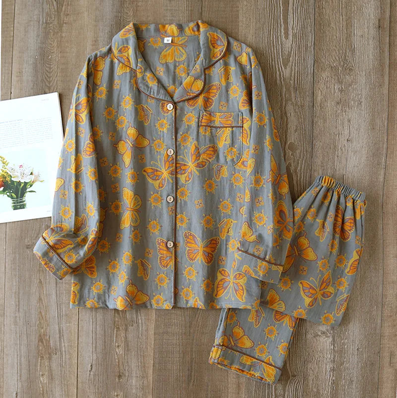 2024 Japanese Spring and Autumn New Women's Pajama Set 100% Cotton Vintage Long sleeved Pants Two Piece Set for Home Furnishings