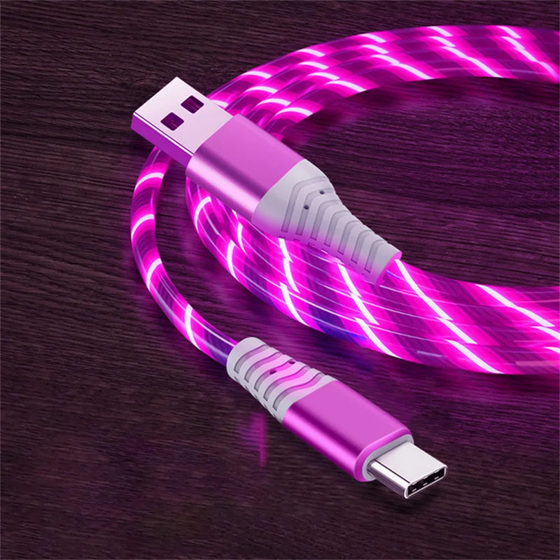 Flow Luminous USB Type C Cable 3A Fast Charging Data Cord for Samsung Xiaomi OPPO Huawei IPhone Charger Micro USB Wire LED Cable