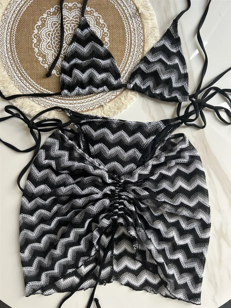 Women Swimsuit Colored Maple Leaves Knitted Bikini Skirt Three-Piece Set Split Swimsuit Bikini