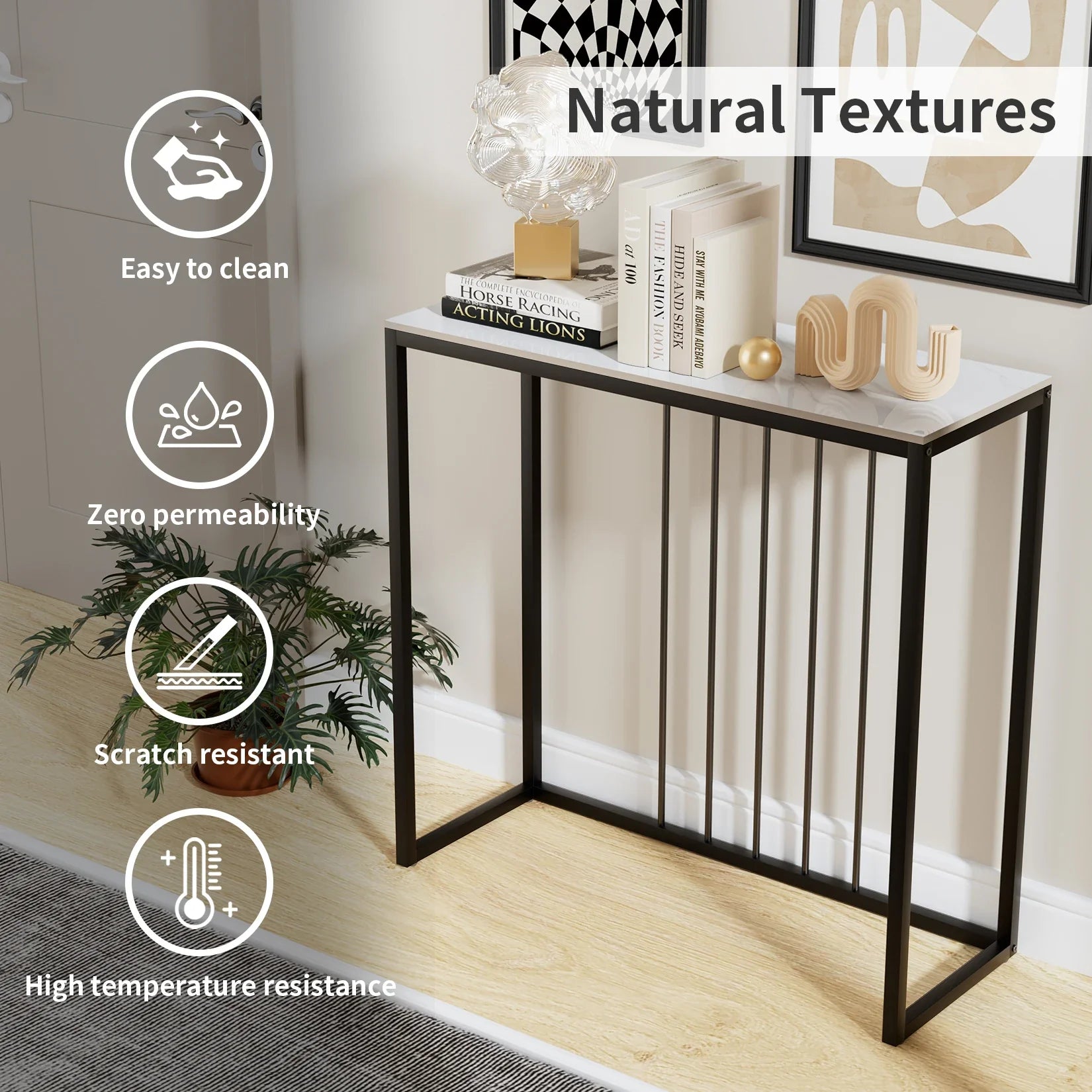 80CM Long Rectangle Marble Console Table for Living Room Entryway Accent Table Metal Frame