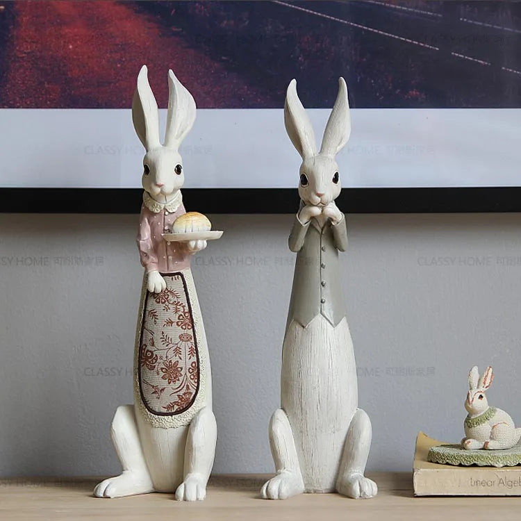 Country Rabbit Couple Ornaments – Hand-Painted Resin Figures for Easter or Year-Round Rustic Home Décor