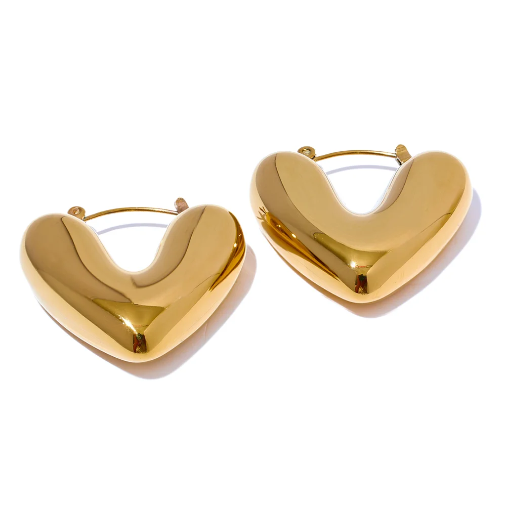 Yhpup Fat Fashion Stainless Steel Heart Chunky Hoop Earrings Charm Metal Texture Rust Proof Versatile Jewelry серьги тренд