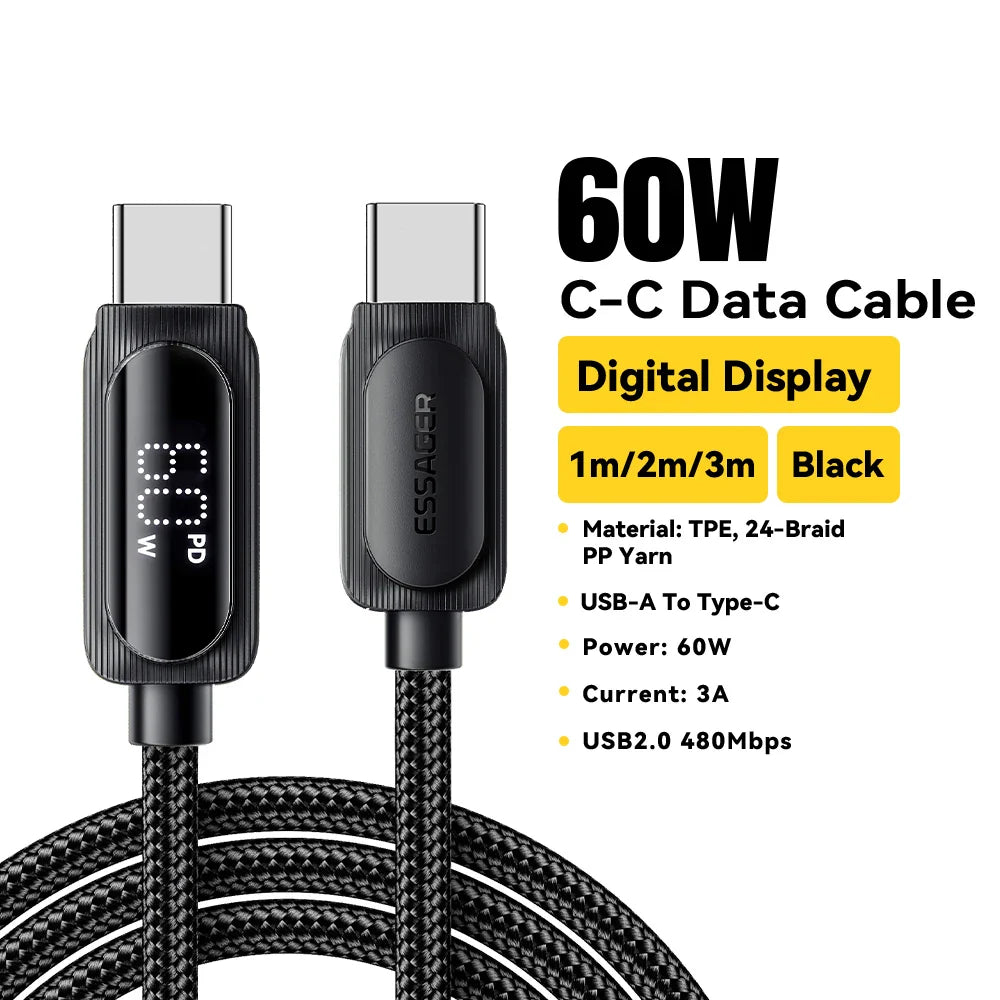 Essager USB Type C To USB C Cable 100W 5A PD Fast Charging  Wire Cord For Macbook Xiaomi Samsung Type-C Digital Display Cable 3Ｍ