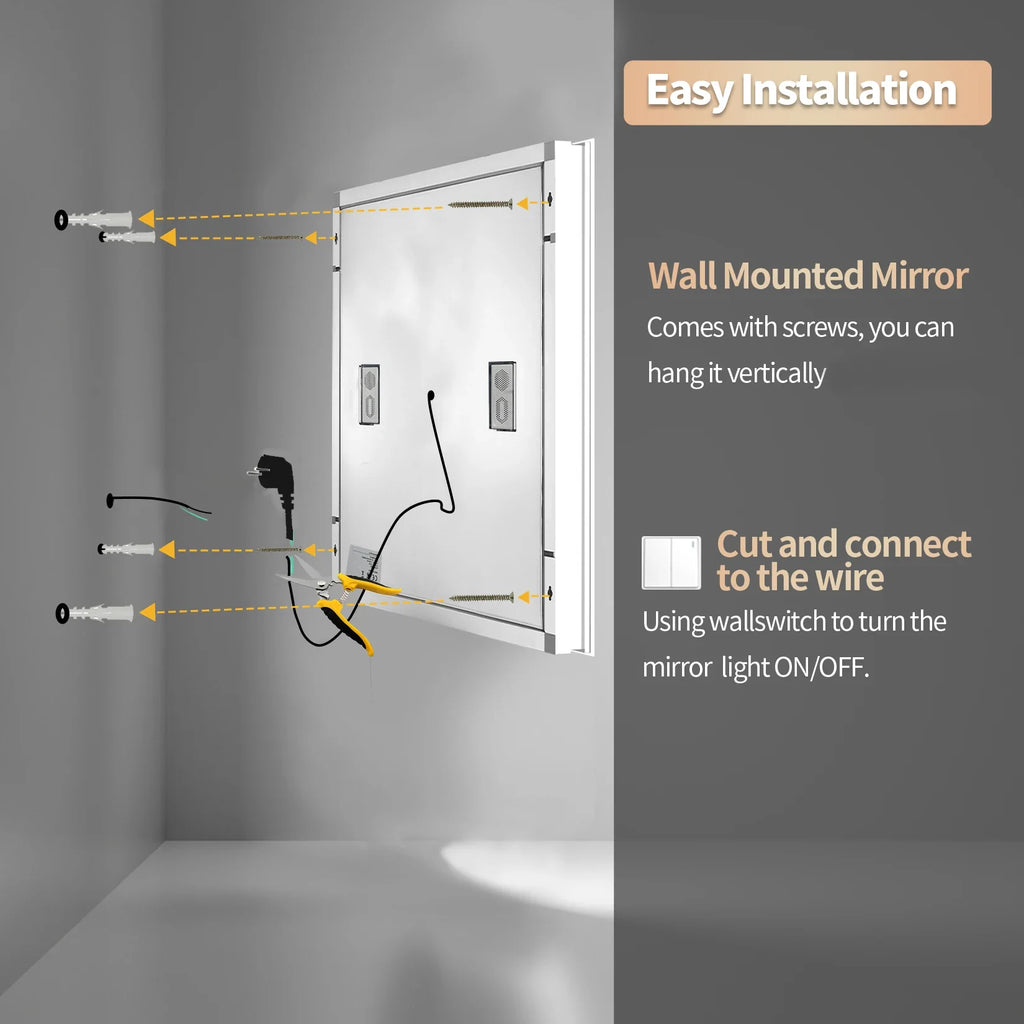 Dual Lighted Bluetooth Music LED Bathroom Mirror Touch Antifog Wall Vanity Mirror 3 Colors Adjustable Round/Square