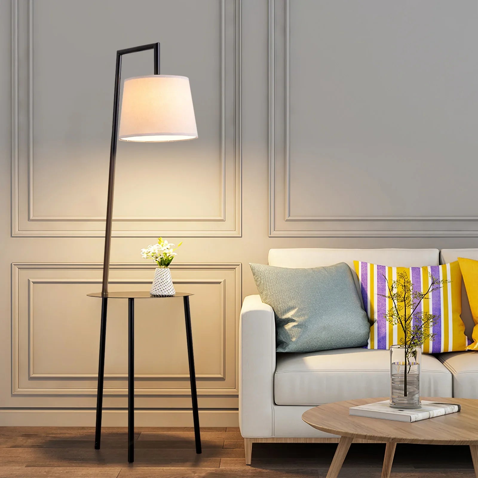 KOMORE 60 W Metal Tray Table Floor Lamp with Linen Lampshade for Living Room Office, Bedroom, Hallway, Porch