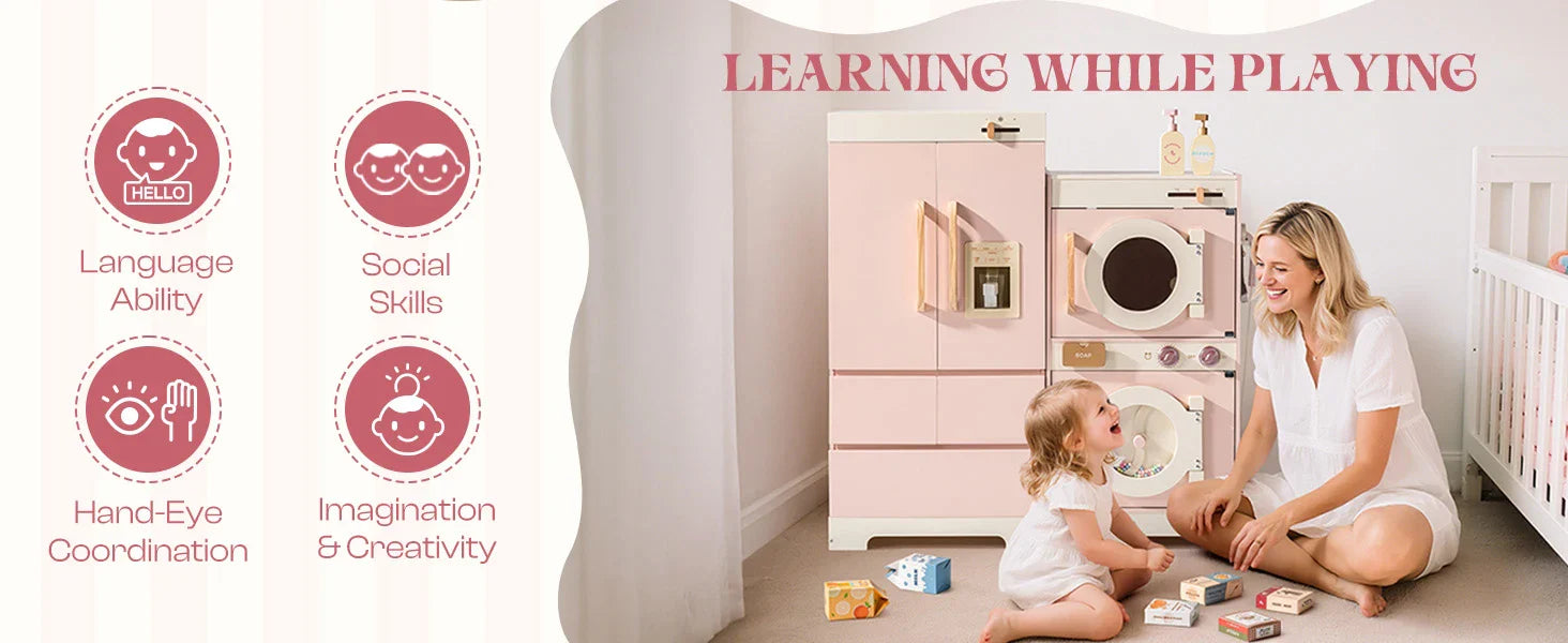 Robotime Robud Kids Corner Kitchen Playset Wooden Play Kitchen Set with Realistic Sound Pretend Play Gift for Boys Girls Pink