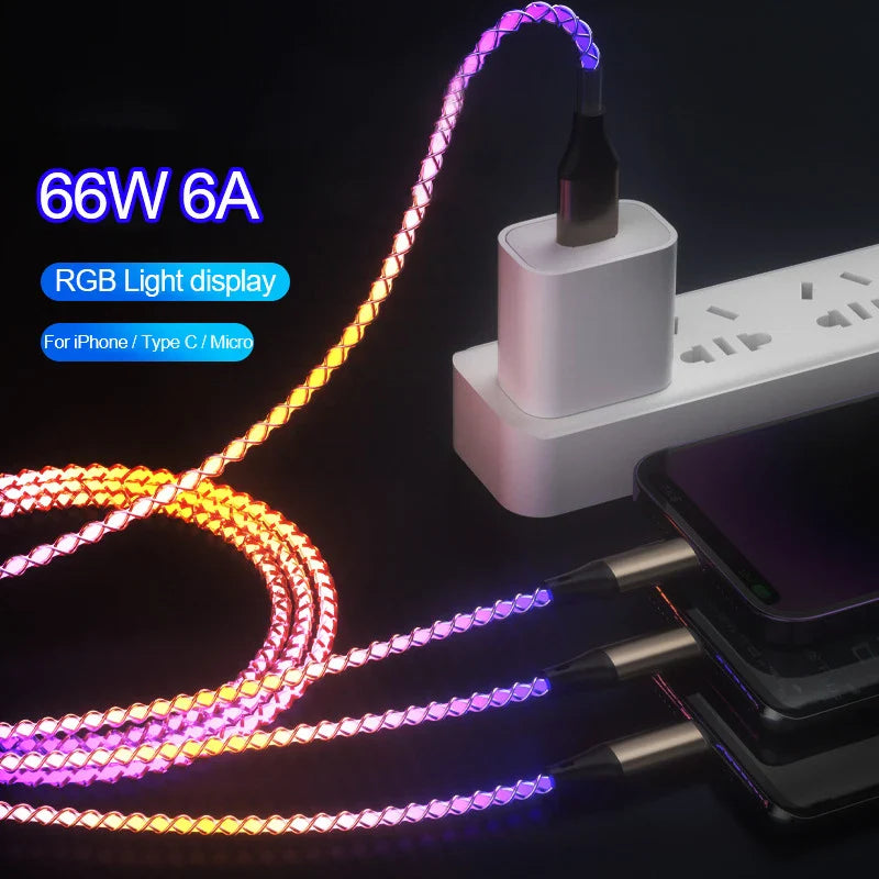 3 In 1 66W 6A RGB Color Light Micro USB Type C Cable Fast Charging Cable For Xiaomi Samsung Huawei For Iphone Car Charging Cord