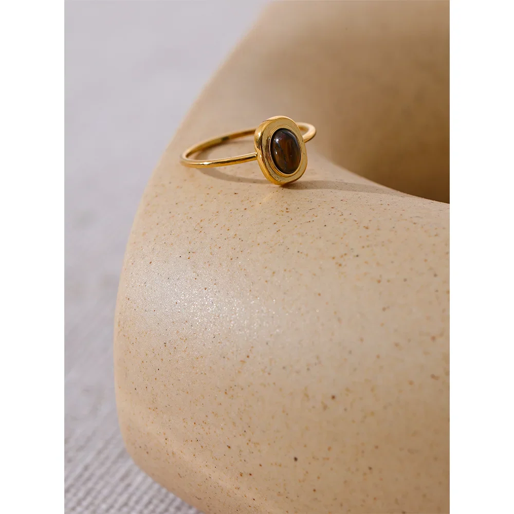 Yhpup Fashion Natural Stone Stainless Steel Oval Thin Chic Ring Women 18K PVD Plated Waterproof Jewelry Accessories 2024 Gift