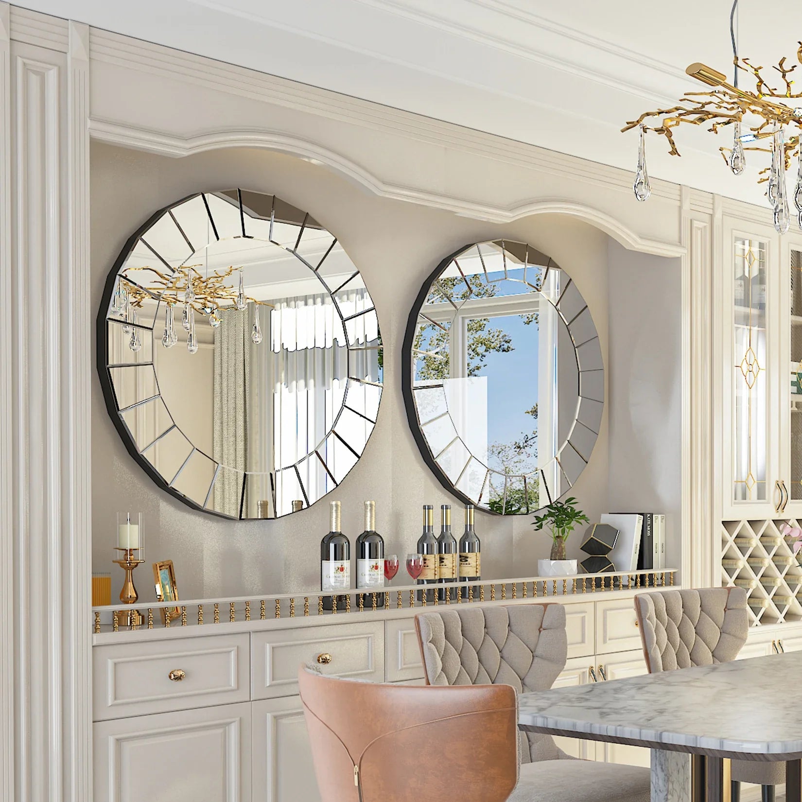Round Silver Wall-mounted Mirrors for Hallway Living Room, Large Mirrors, Venetian Ornate Art Decor, 80cm