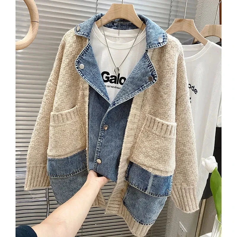 Women’s Denim Splice Knit Cardigan Jacket – Long Sleeve Oversized Patchwork Sweater Coat (Grey or Beige)