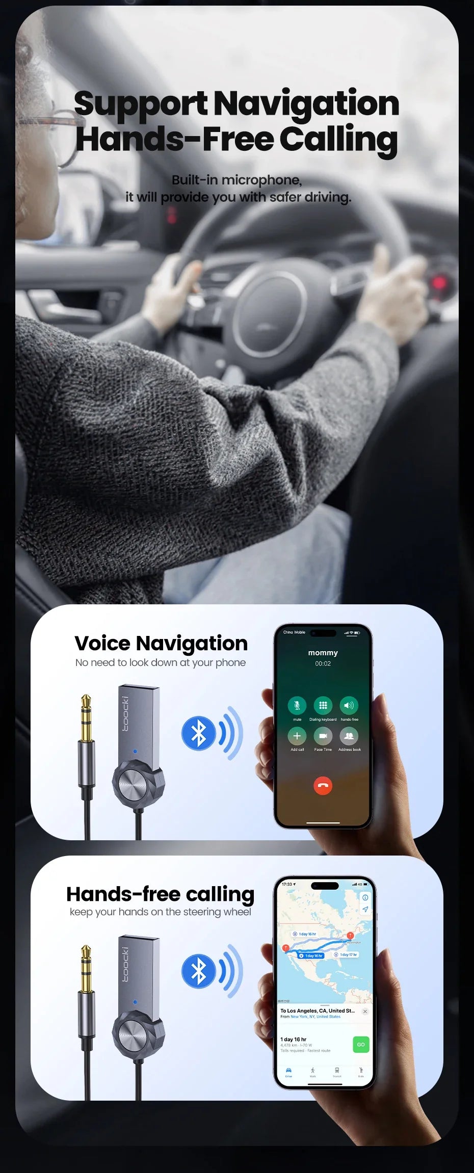 Toocki Wireless Bluetooth 5.1 Receiver Adapter 3.5mm Jack Audio Music Dongle USB Car Bluetooth Transmitter for Aux Car Speaker