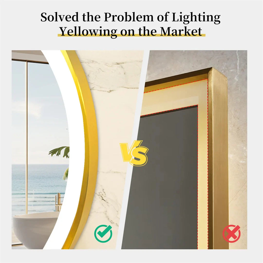 LUVODI 24 Inch Gold Frame Round Bathroom Mirror with Lights Illuminate Wall Vanity Mirror 3 Color Dimmable Anti-Fog Smart Mirror
