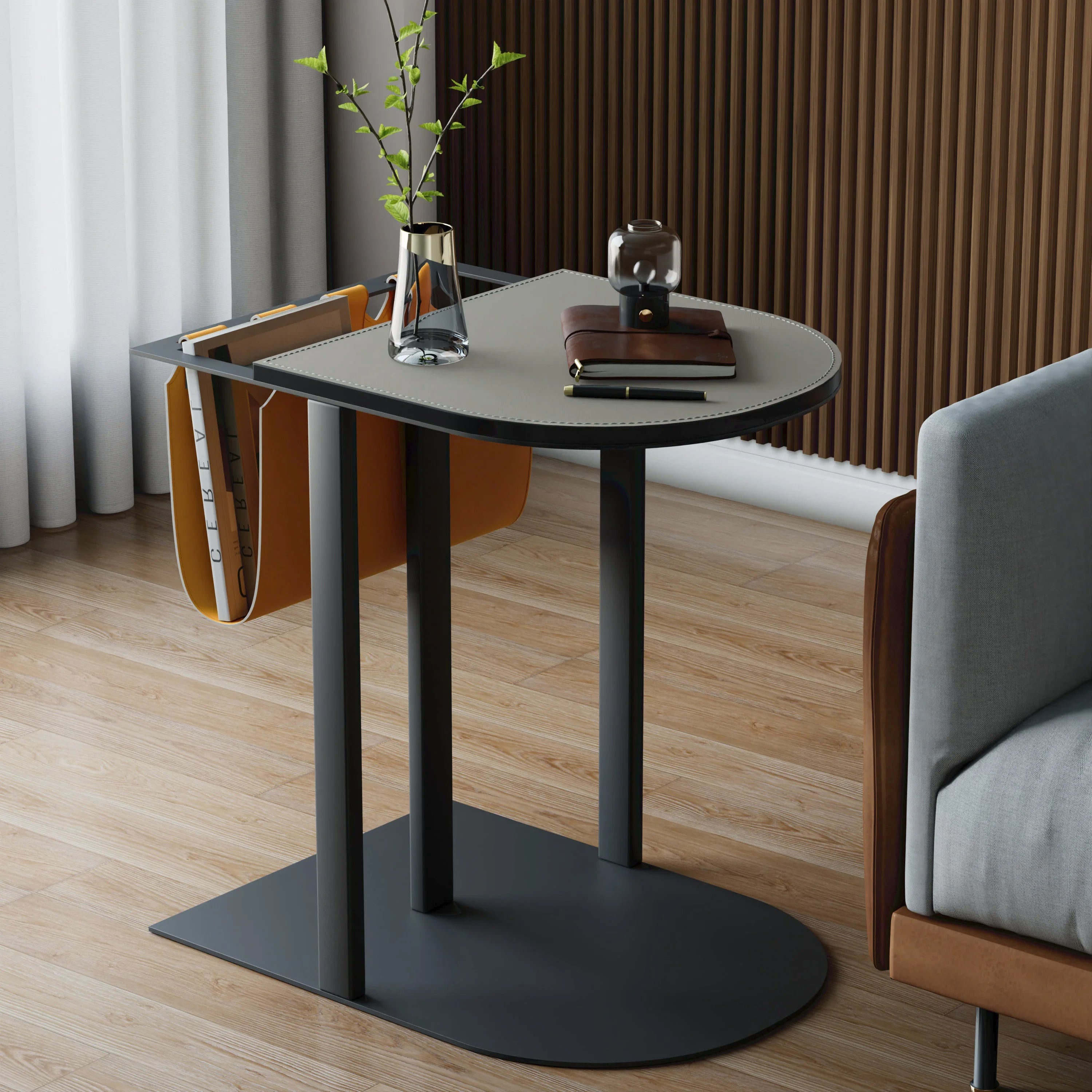 Light-Luxury Narrow Sofa Side Table, Saddle Leather Top, Bedside End Table, Magazine Rack for Living Room and Bedroom