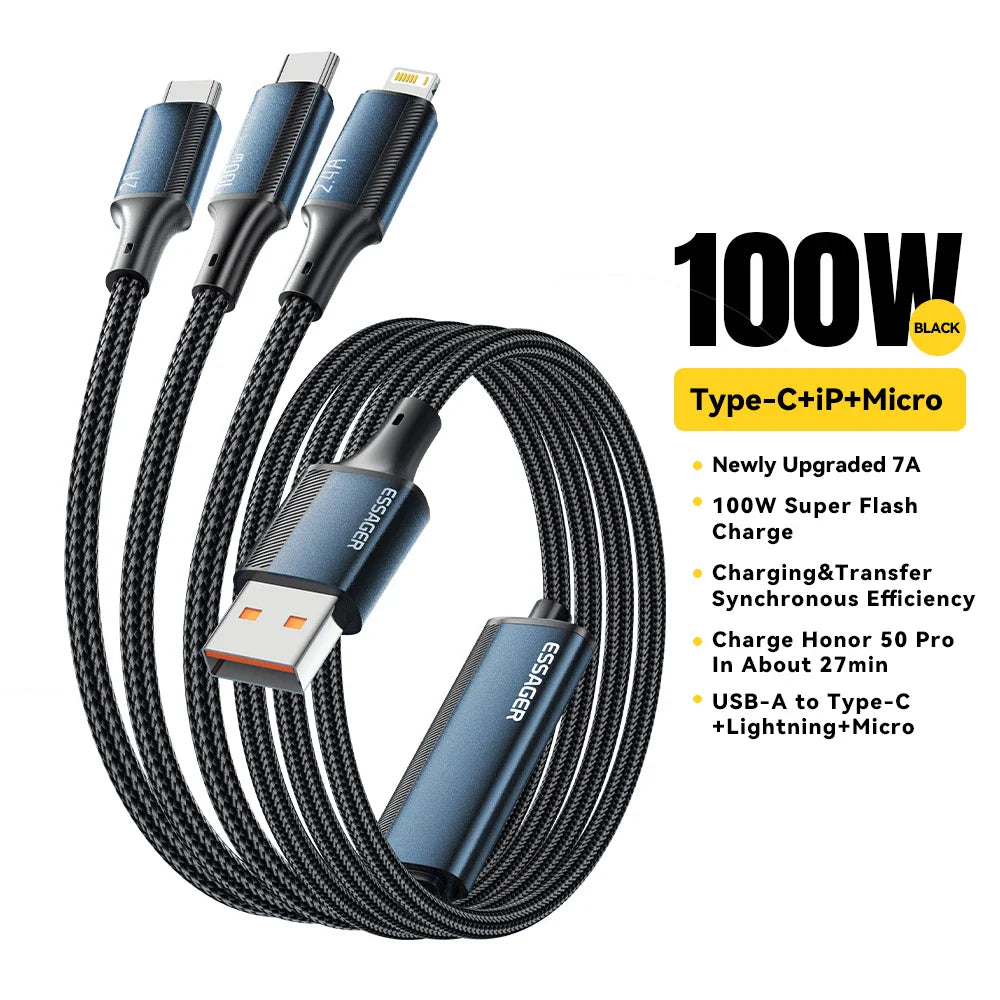 Essager 100W Cable USB C to Type C to Lighting PD Fast Charger Data 3 in 1 Quick Charging Cord For Macbook iPhone Samsung Xiaomi