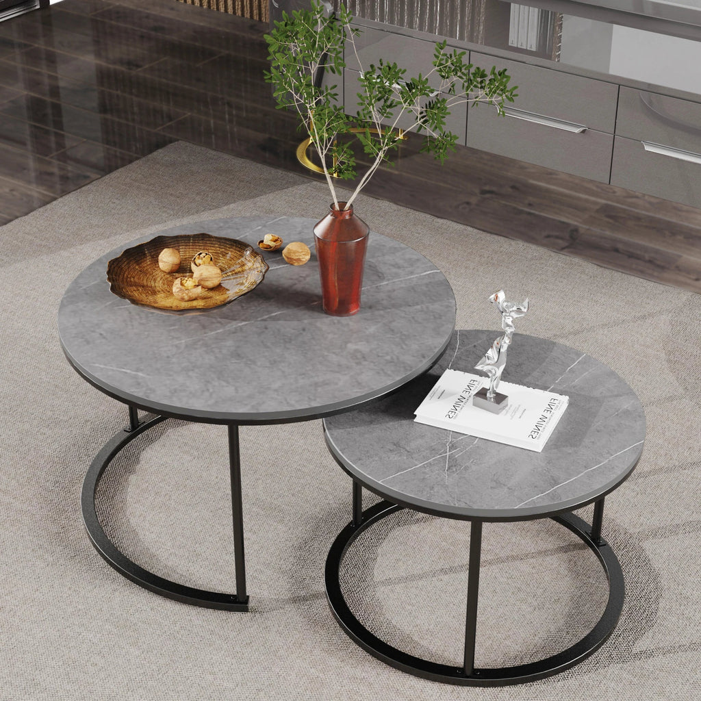 Marble Round Nesting Coffee Table, Side End Table, Accent Table, Metal Legs, Waterproof, Set of 2