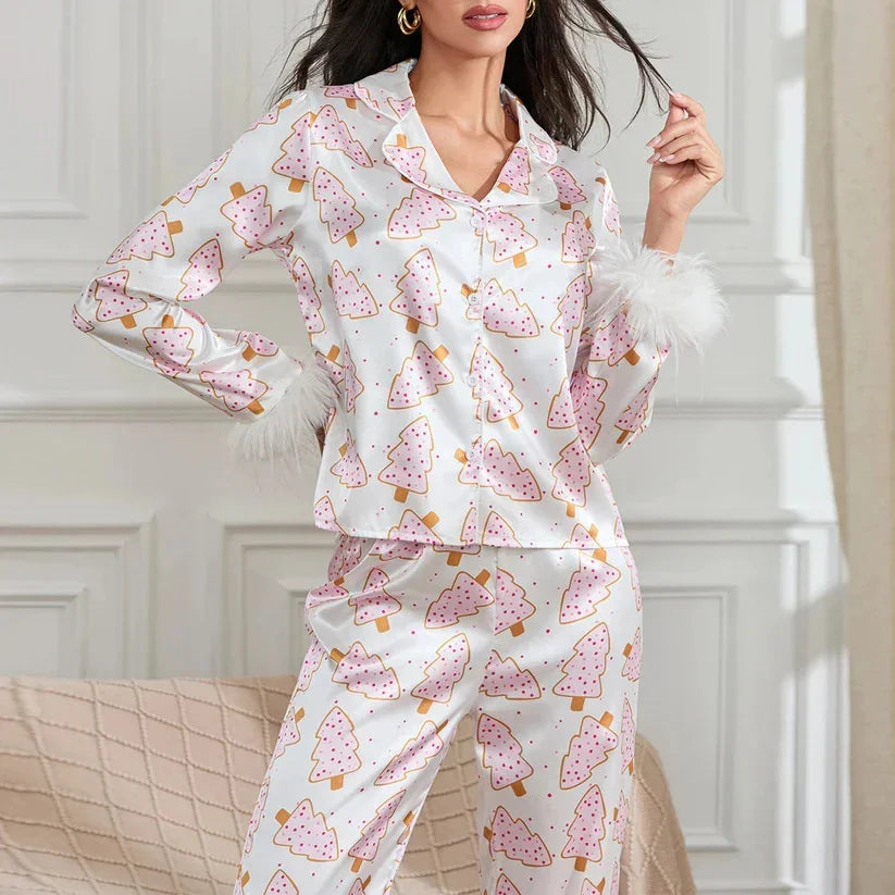 Women's Christmas Tree Plaid Satin Print Pajama Set
