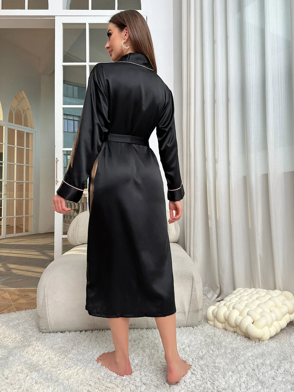 Simple Satin Night Robe Long Sleeve V Neck Robe With Belt  Women's Sleepwear