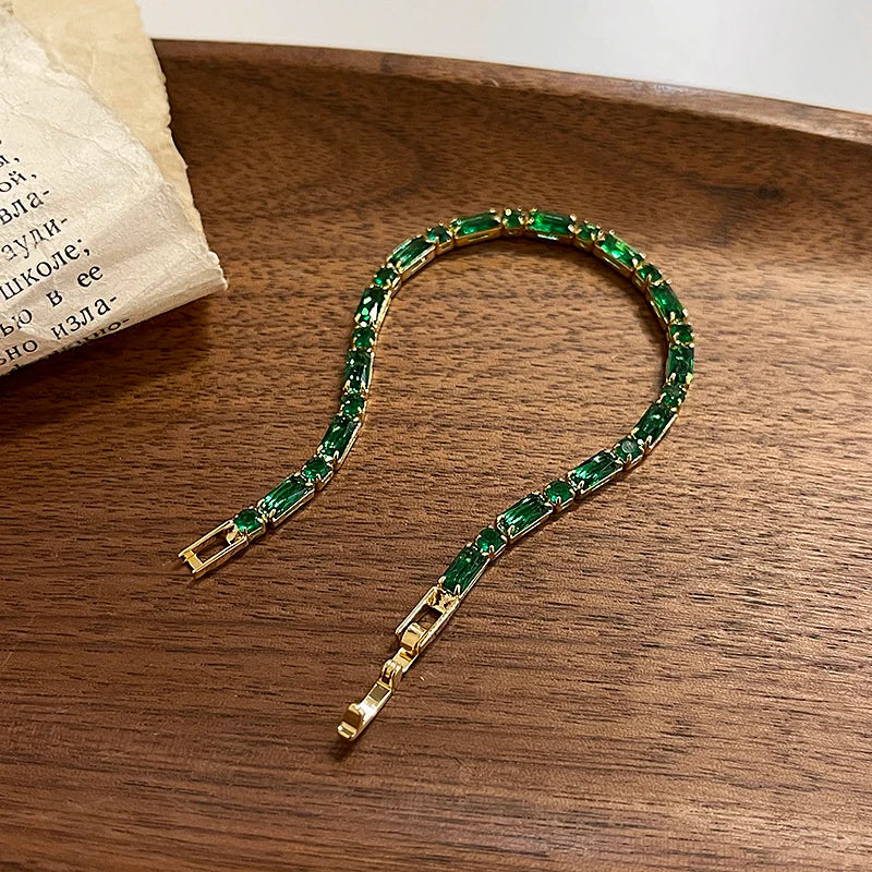 French Luxury Green Zircon Spliced Metal Copper Alloy Bracelet 2024 New Fashion Jewelry For Womens Party Charm Wrist Accessories
