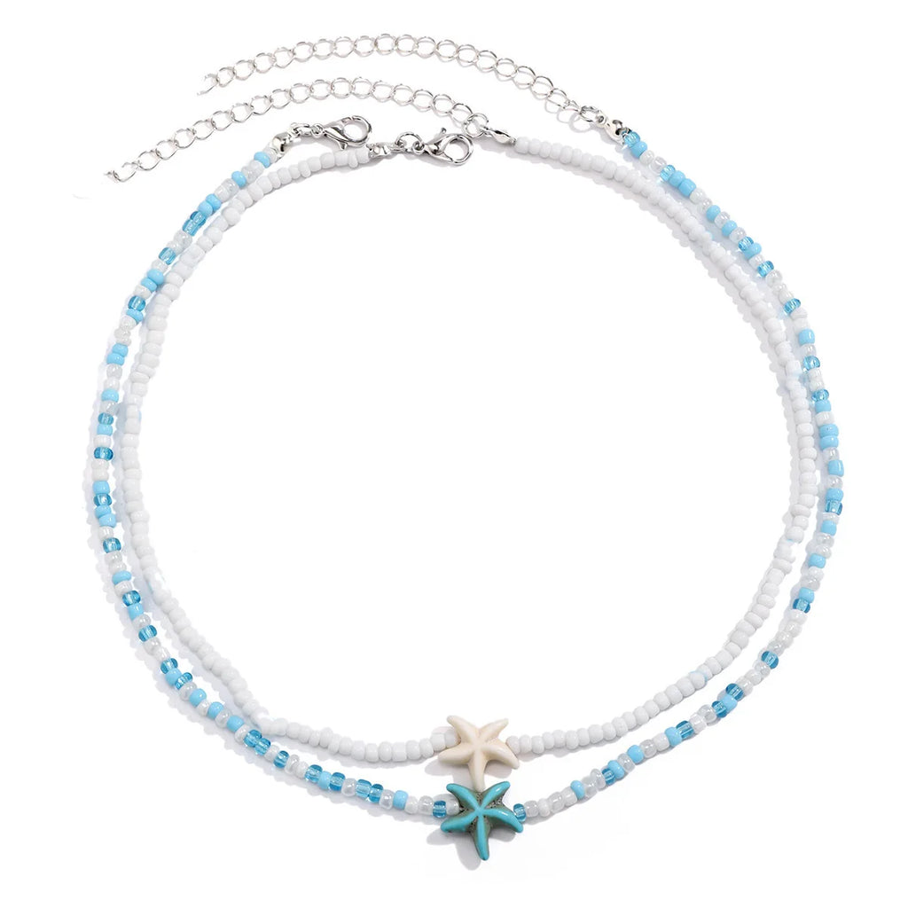 Tidepool Starfish Necklace - Surf & Beach Boho Jewelry Starfish Turtle Beaded Choker Necklaces, Adjustable Necklaces, Ocean Gift
