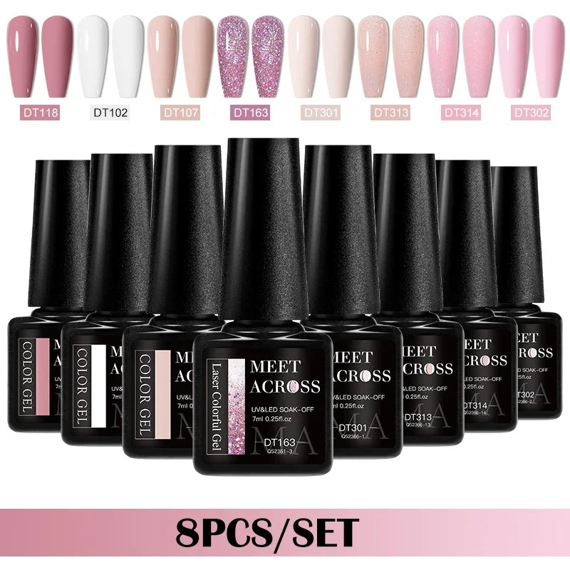 MEET ACROSS 8Pcs/Set Gel Nail Polish Set for All Season Neon Marcaron Green Red Series UV Gel Varnish Manicure Kit Nail Supplies