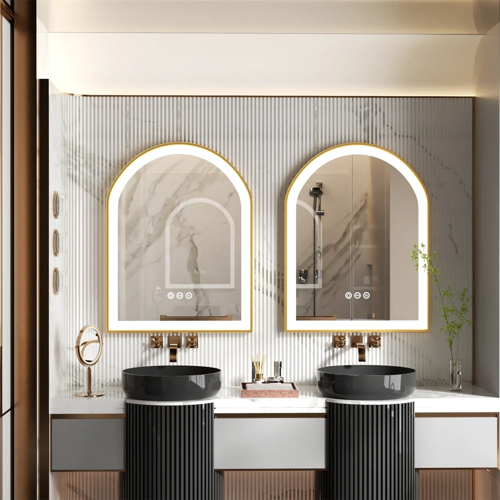 Gold Bathroom Mirror with Lights 36" LED Backlit Arch Wall Mirror Brushed Frame Touch Antifog 3 Colors Lights Adjust