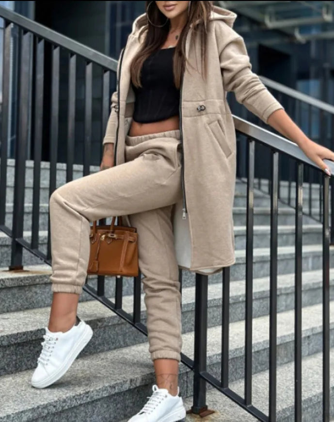 Women's Hooded Zipper Long Coats Tracksuit