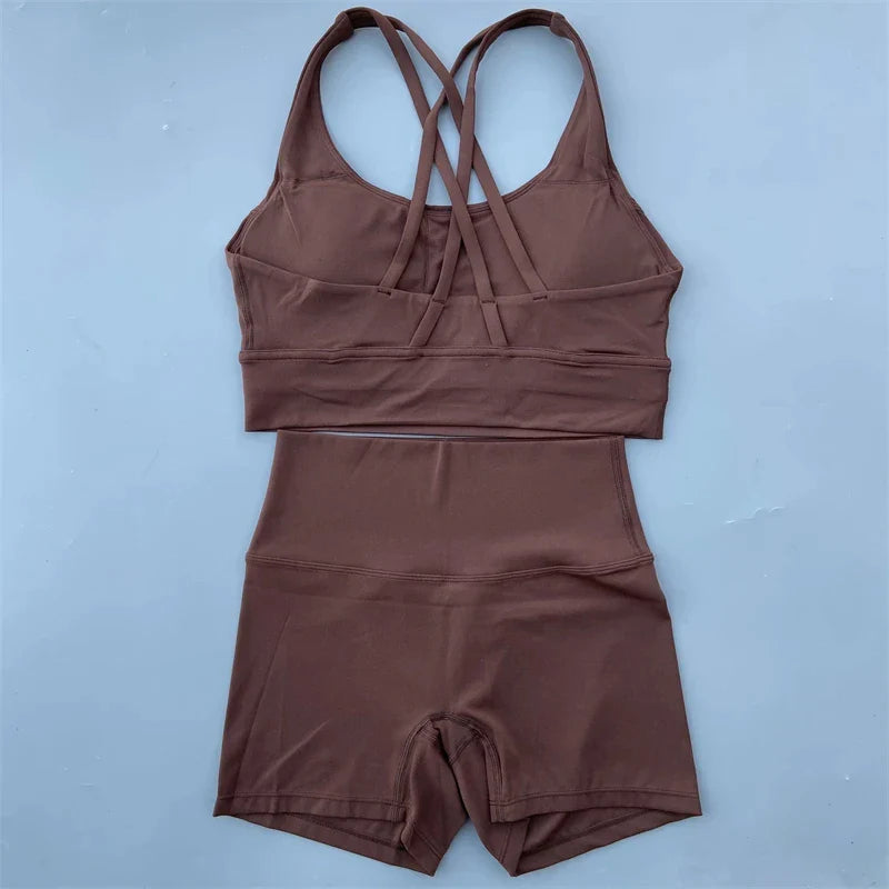 Solid Color gym bike Yoga Set short Legging +cross sport bra Tracksuit  Athletic Women Gym Suit Comprehensive Training Jogging
