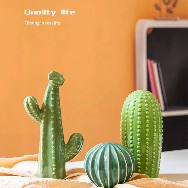 Ceramic Cactus Ornament – Nordic Green Decorative Home Art Sculpture