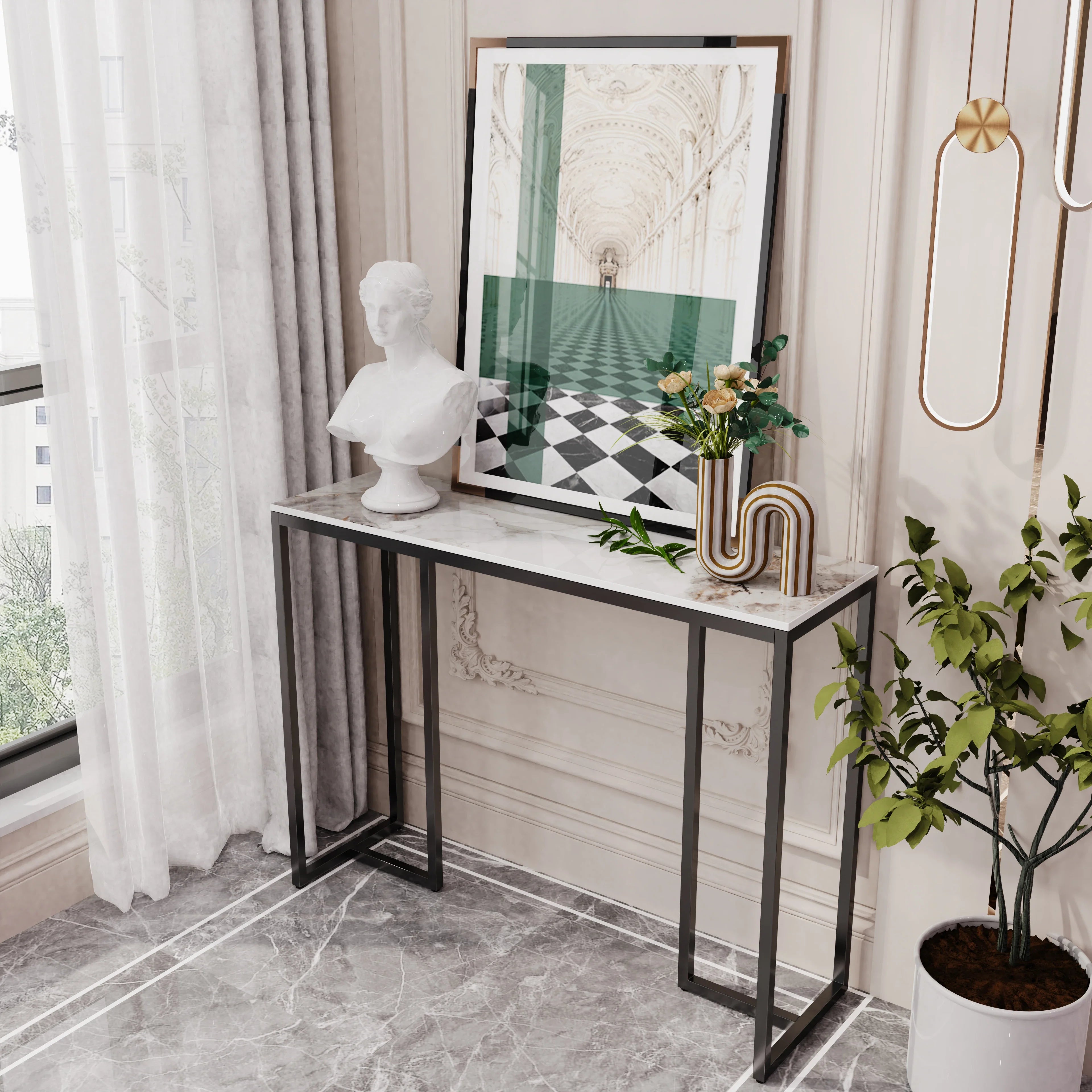 Marble Console Table Modern Accent Side Stand Sofa Entryway Hall Furniture Storage Display Table Metal Frame