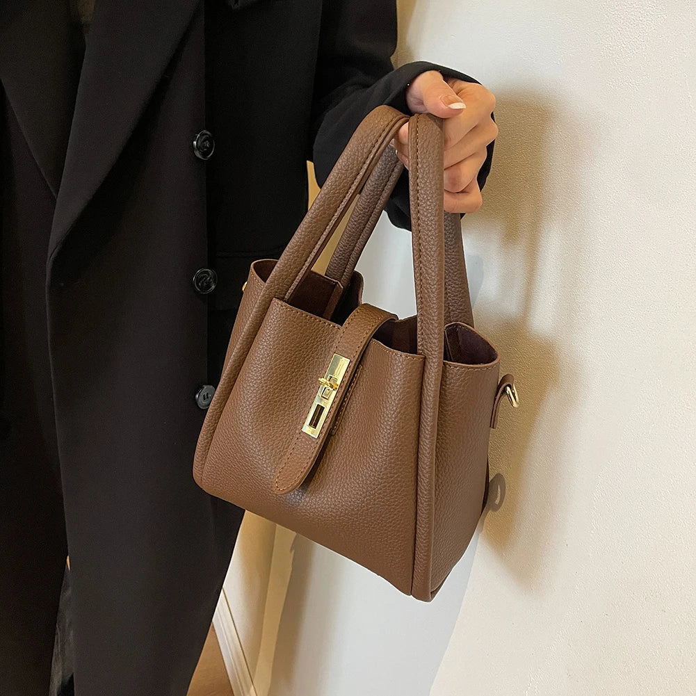 Luxury PU Leather Bucket Bag for Women Large Capacity Handbag with Inner Bag Double Handle Magnetic Closure Shoulder Bag Satchel