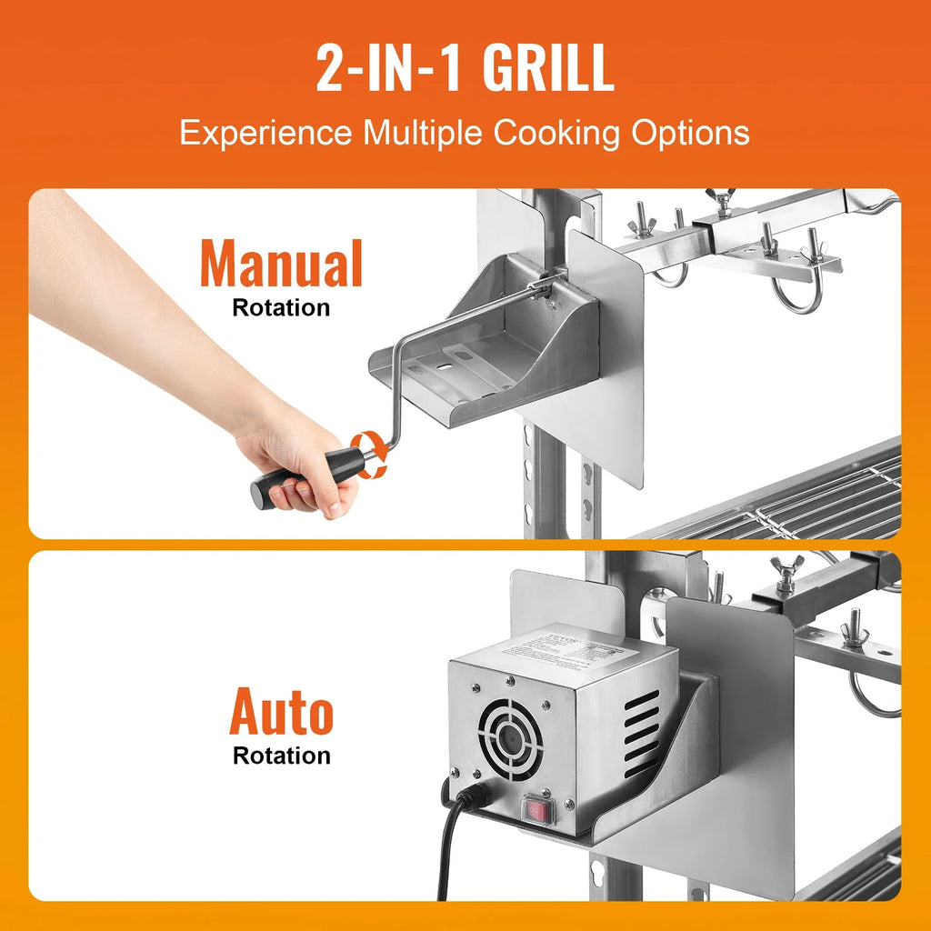 VEVOR 46inch Rotisserie Grill with Windscreen Charcoal Spit Grill 132 Lbs Capacity Stainless Steel Roaster with Lockable Wheels